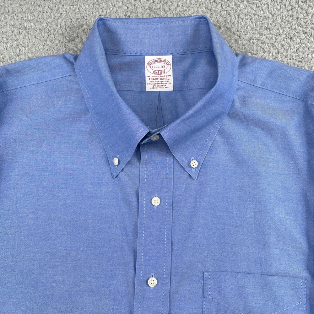 Brooks Brothers Dress Shirt Mens 17.5-33 Blue Traditional Non-Iron Supima Cotton